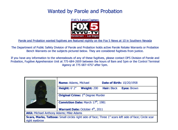 Michael Adams - Wanted by the Las Vegas Department of Public Safety Division of Parole and Probation